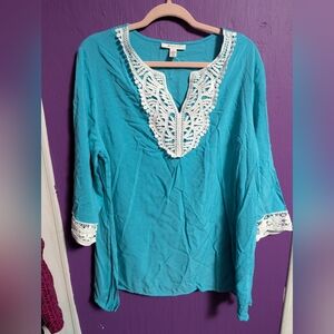 💜 JM Collection Blue White Croquet Detail 3/4 Sleeve Blouse 2X 18